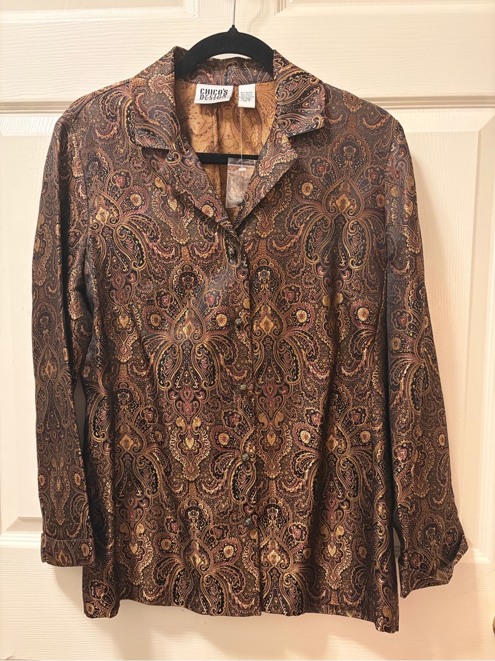 Chico’s Design Brocade Gold/ Black Paisley Shirt/Blouse Size 0 2/4 Festive/Fall